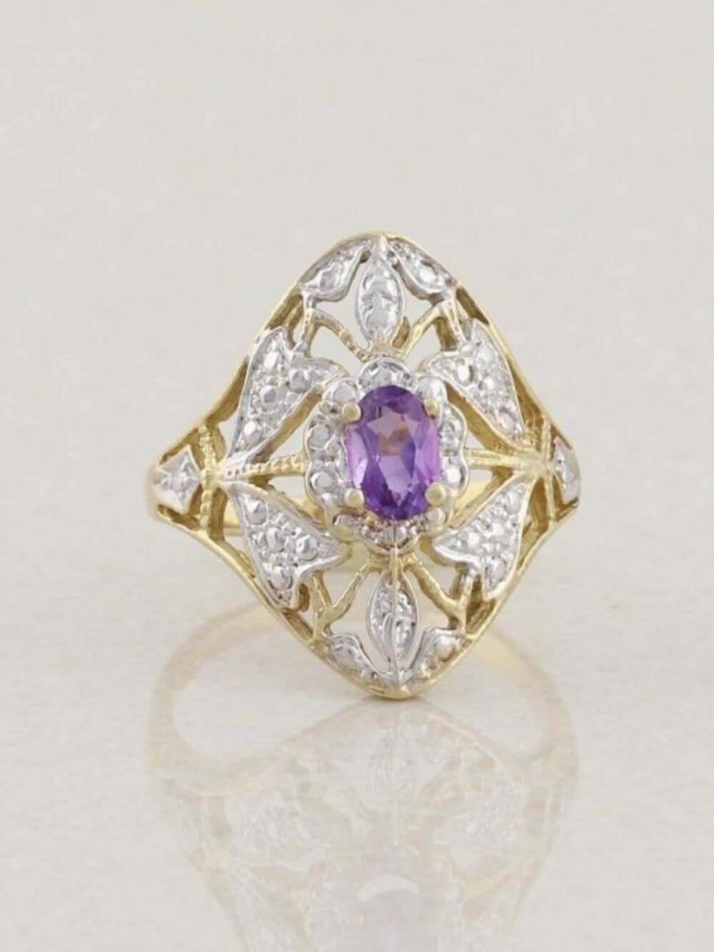 10k Yellow Gold & White Gold Natural Amethyst Ring Filigree Flower Size 7